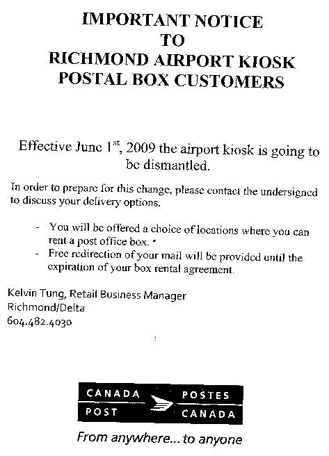 Letter from Canada Post, April 2009.